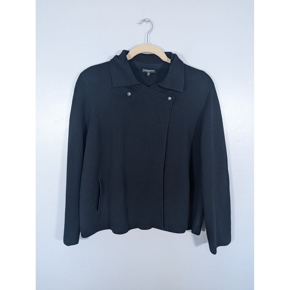 Eileen Fisher Black 100% Merino Wool Snap Cardigan heavy Jacket 2X capsule‎
